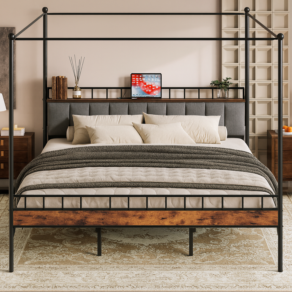 Modern Industrial Canopy Bed Frame with Storage Headboard